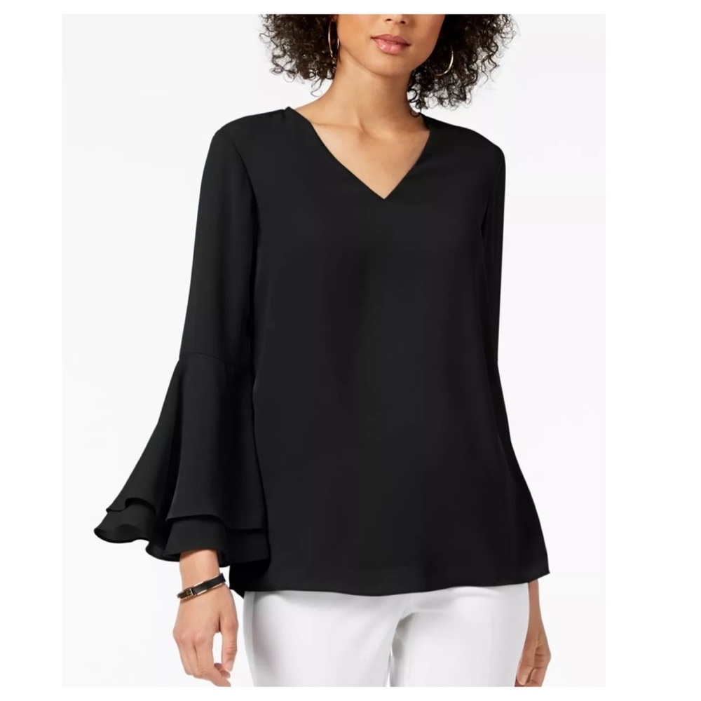 Reserved COPY - 🖤 NWT ALFANI Black Ruffled Long Sleeve V Neck Blouse Size: 10